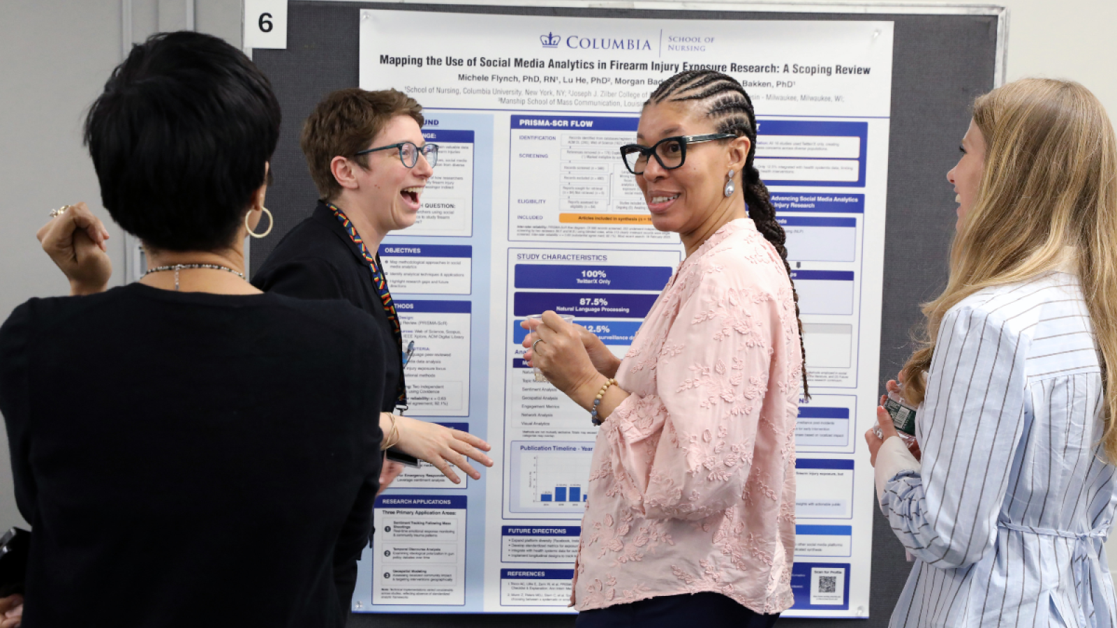 Students and faculty preparing a PhD research poster presentation