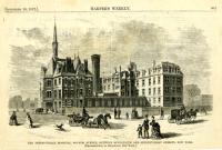 black & white Presbyterian Hospital Training School with community members and horse-drawn carriages looking