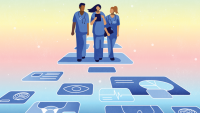 graphic featuring nurses in blue scrubs standing on AI symbols