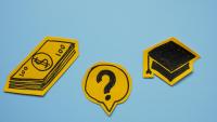 from left to right: image of money, question mark and graduation cap