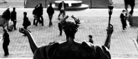 Black and white image of the Columbia University alma statue.