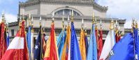 Flags in front of Columbia University building.