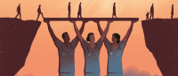Illustration of three nurses holding up a bridge.