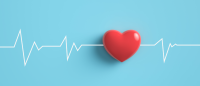 Teal background with red heart graphic and white line indicating a pulse