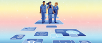 graphic featuring nurses in blue scrubs standing on AI symbols